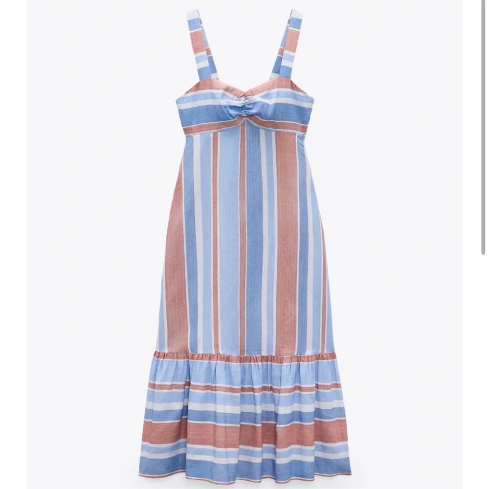 Zara Linen Blend Midi Striped Sundress Ruffle Hem 4th of July Americana Small - Picture 2 of 14